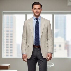 Vintage Mens Blazer Size 37R Beige Linen Single Vented Old Money Office Hungary